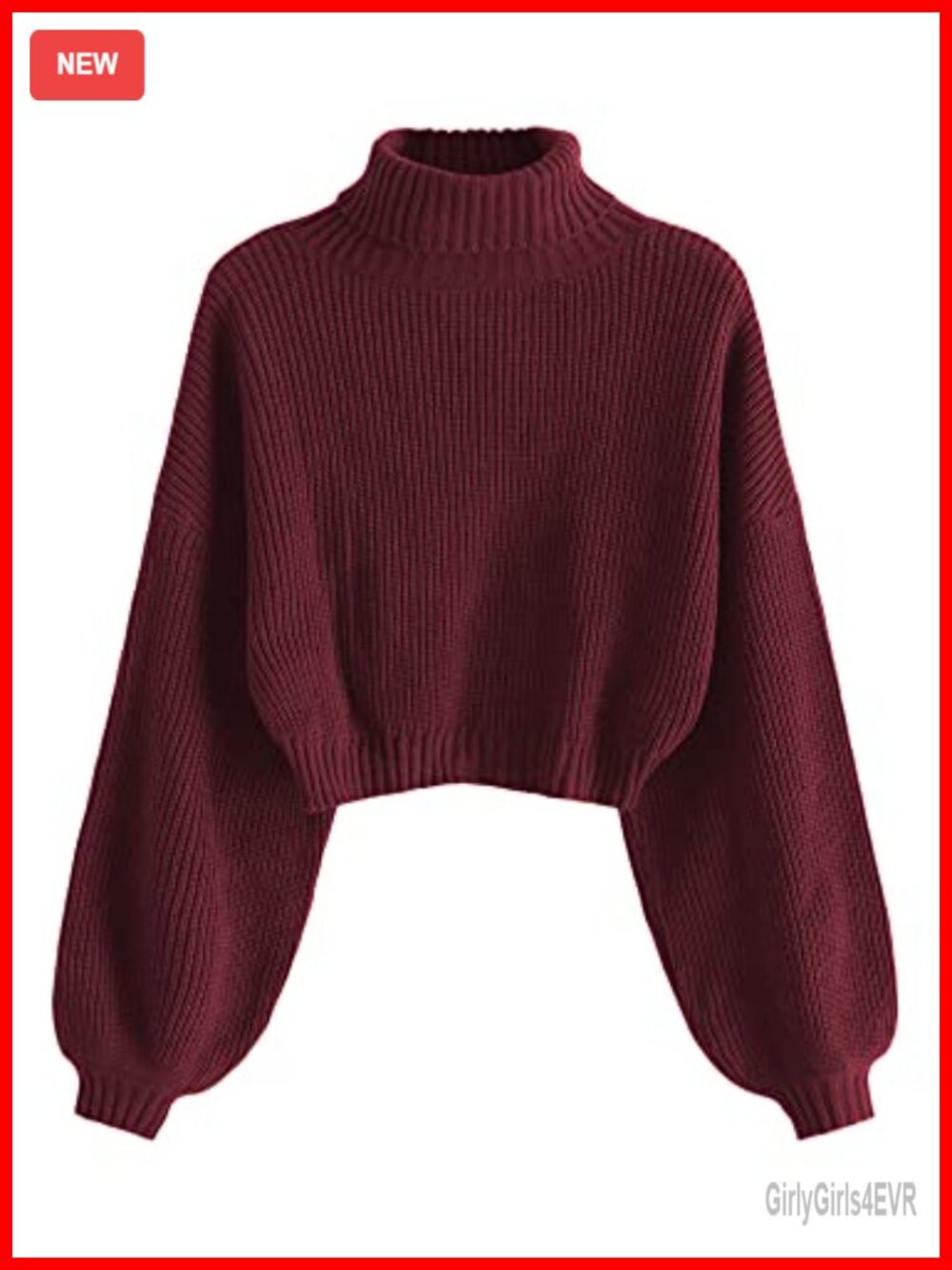 Cropped Turtleneck Sweater Ribbed Knit Long Lantern Sleeve Pullover